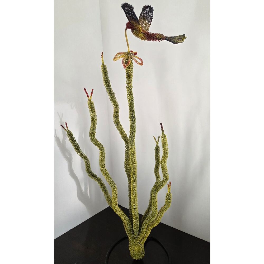 Handcrafted Wire-wrapped Sculpture Plant With Hummingbird Hovering On Flower 23"